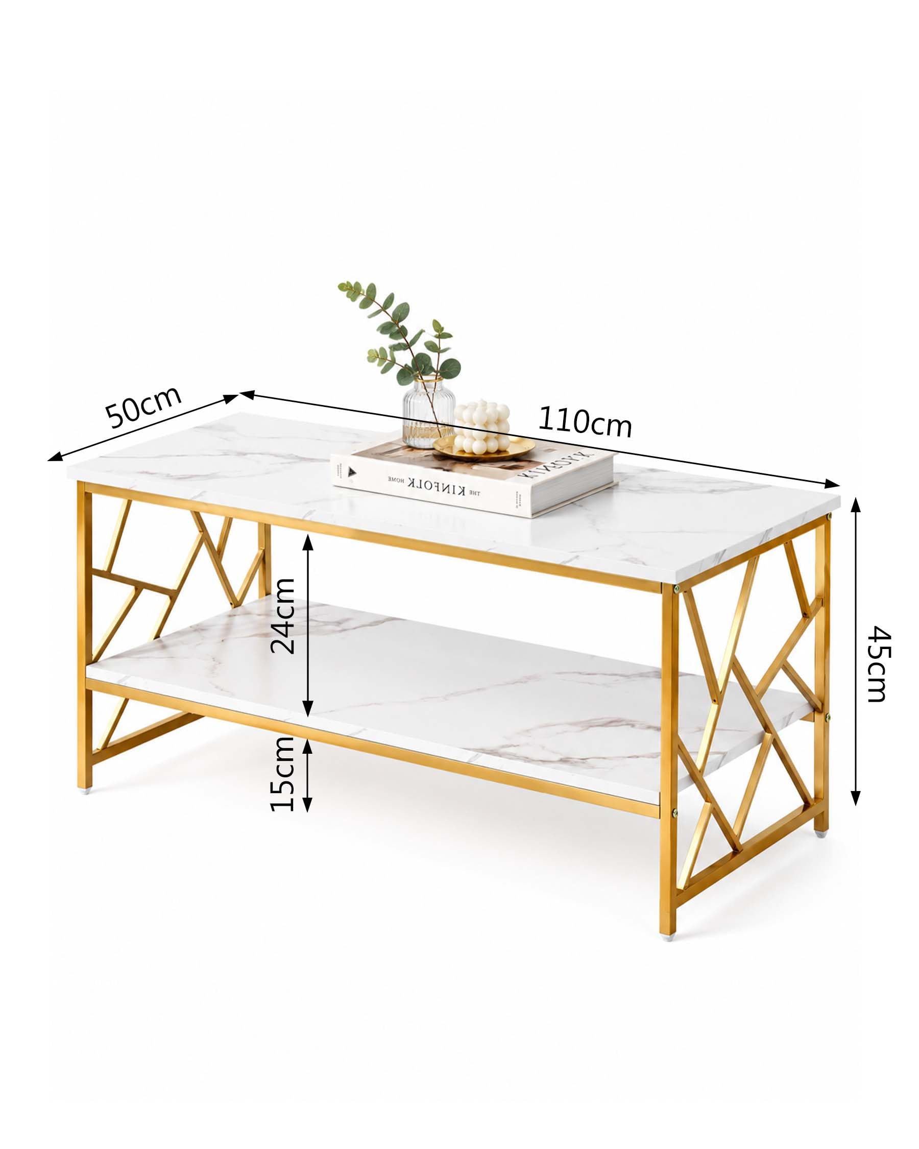 Mesa de Centro Almacenamiento Mesa Café Blanca Salón, Mesa Centro Pequeña Ahorro de Espacio, Doble Estante Auxiliar Sofá Mesa de Té Moderna, Madera Ajustable, 110x50x45cm