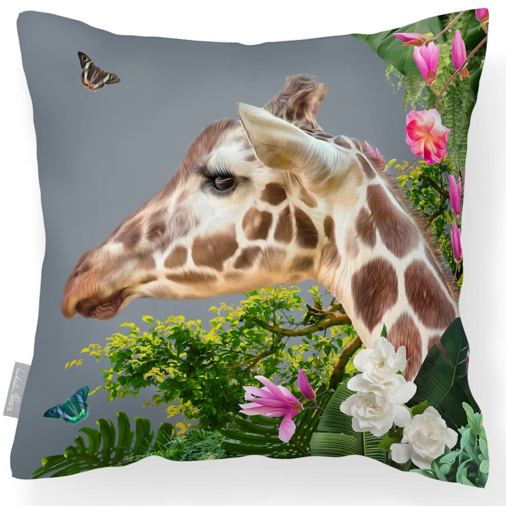 Izabela Peters Jungle Giraffe - Grey Jungle Giraffe Cushions - Waterproof, Filled, 43 Cm, Grey, Garden & Outdoor Seat & Chair Cushions
