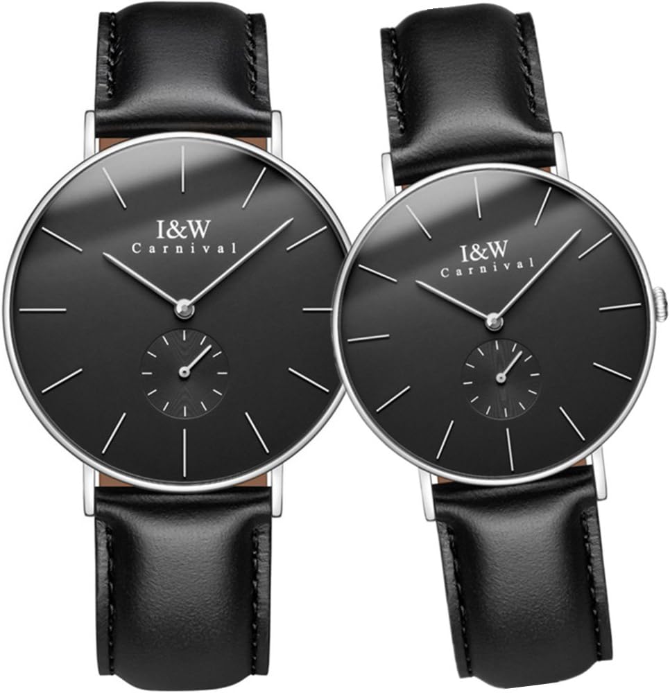 TEINTOPCARNIVAL Simple Dial Analog Quartz Couple Leather Band Watches Her or His Set of 2 (Black)