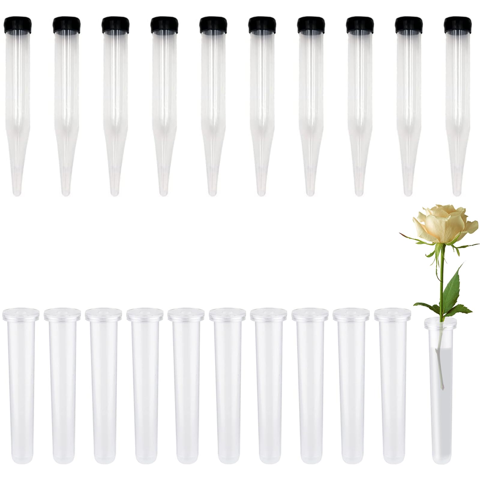 20 Tubes à Fleurs En Plastique Transparent Avec Bouchon - 10x1,5 Cm - Pour Bouquets, Mariages, Compositions - Réutilisables - 9