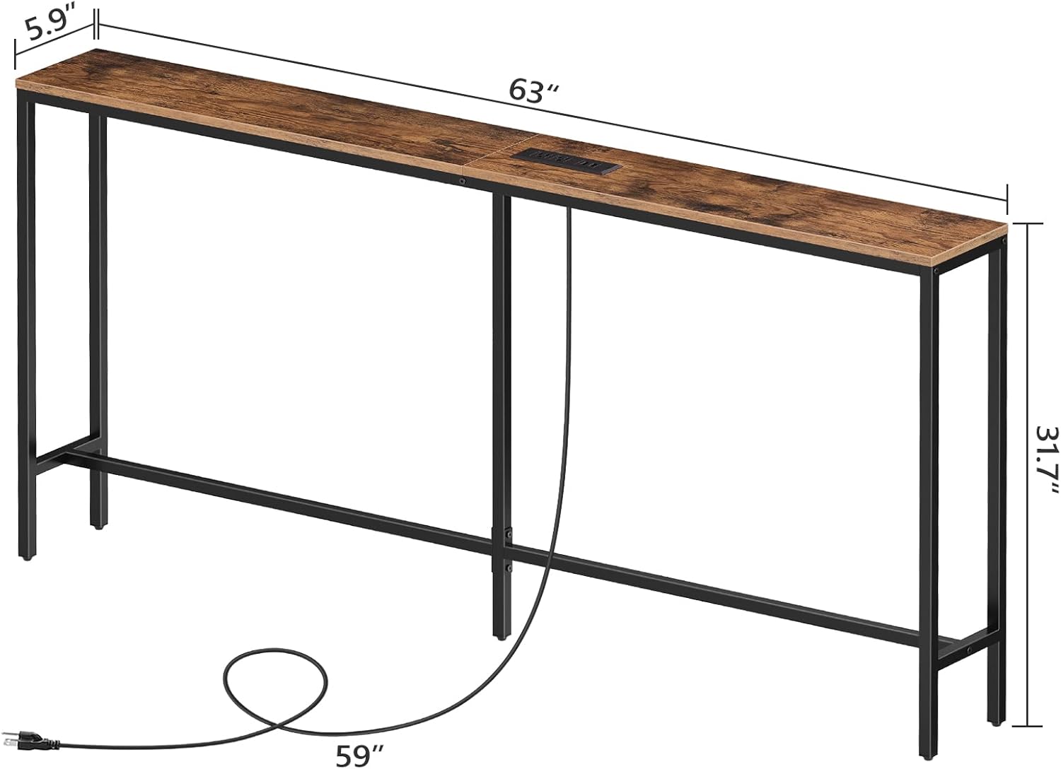 MAHANCRIS 63'' Skinny Console Table with Charging Station, Narrow Long Sofa Couch Table, Easy Assembly, Entryway Table for Living Room, Foyer, Hallway, Rustic Brown CTHR165E01Z1