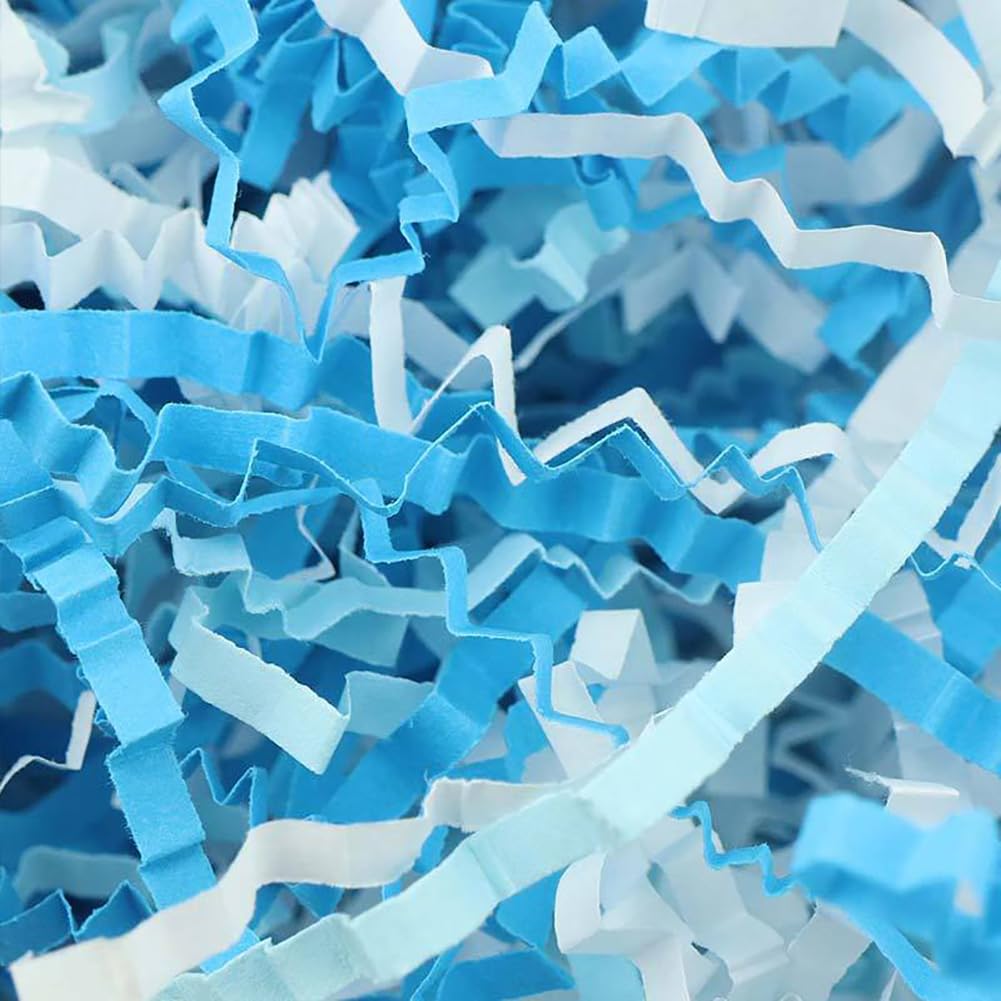 FSSTUD 100 Grams Crinkle Cut Paper Shred Filler Gift Wrapping Shredded Tissue Paper Craft Shred Confetti for Party Blue and White