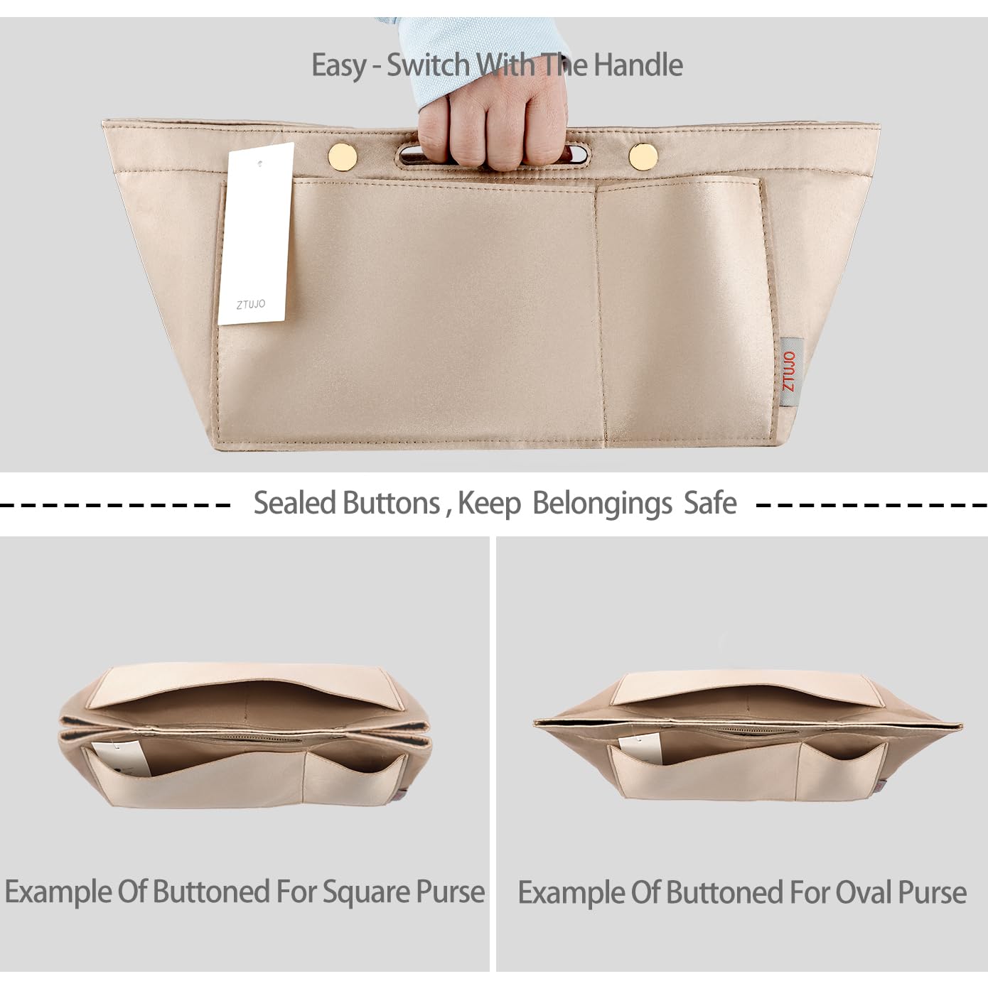 ZTUJO Organizador de monedero para bolsos, organizador de bolsas sedosas con 2 cremalleras para Speedy Neverful Tote y más (beige, grande)