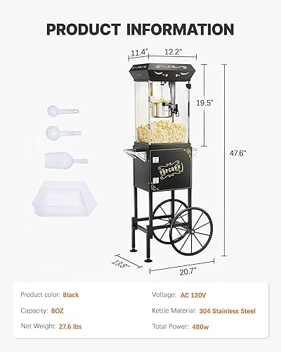 Miniatura 6 de Máquina de palomitas de maíz de 8 onzas con carro, máquina para hacer maíz con ruedas y hervidor de acero inoxidable que hace hasta 32 tazas,