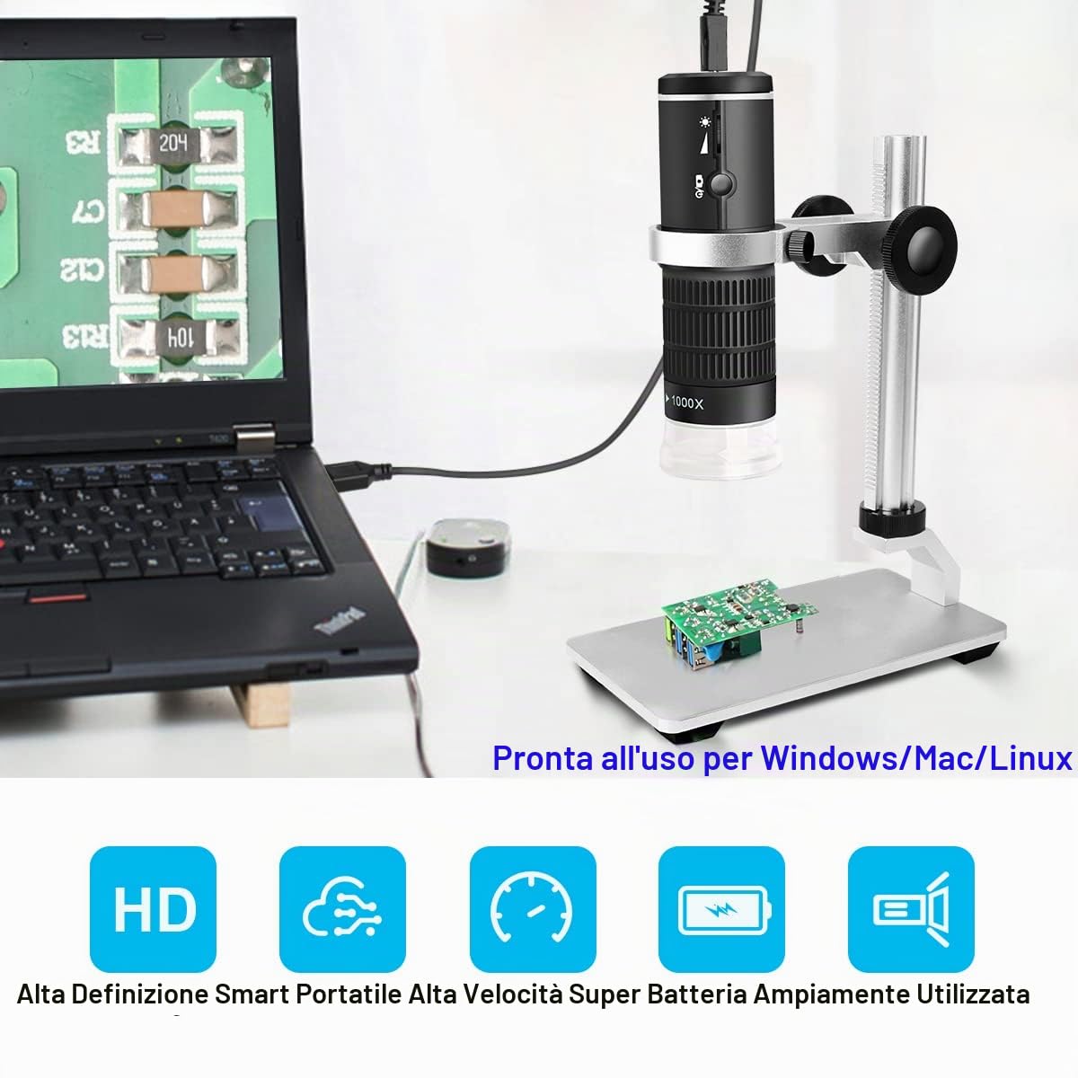 Jiusion WiFi USB Microscopio digitale HD 50 a 1000x Ingrandimento wireless Endoscopio 8 LED Mini videocamera con supporto e custodia, compatibile con iPhone iPad Android Windows Mac