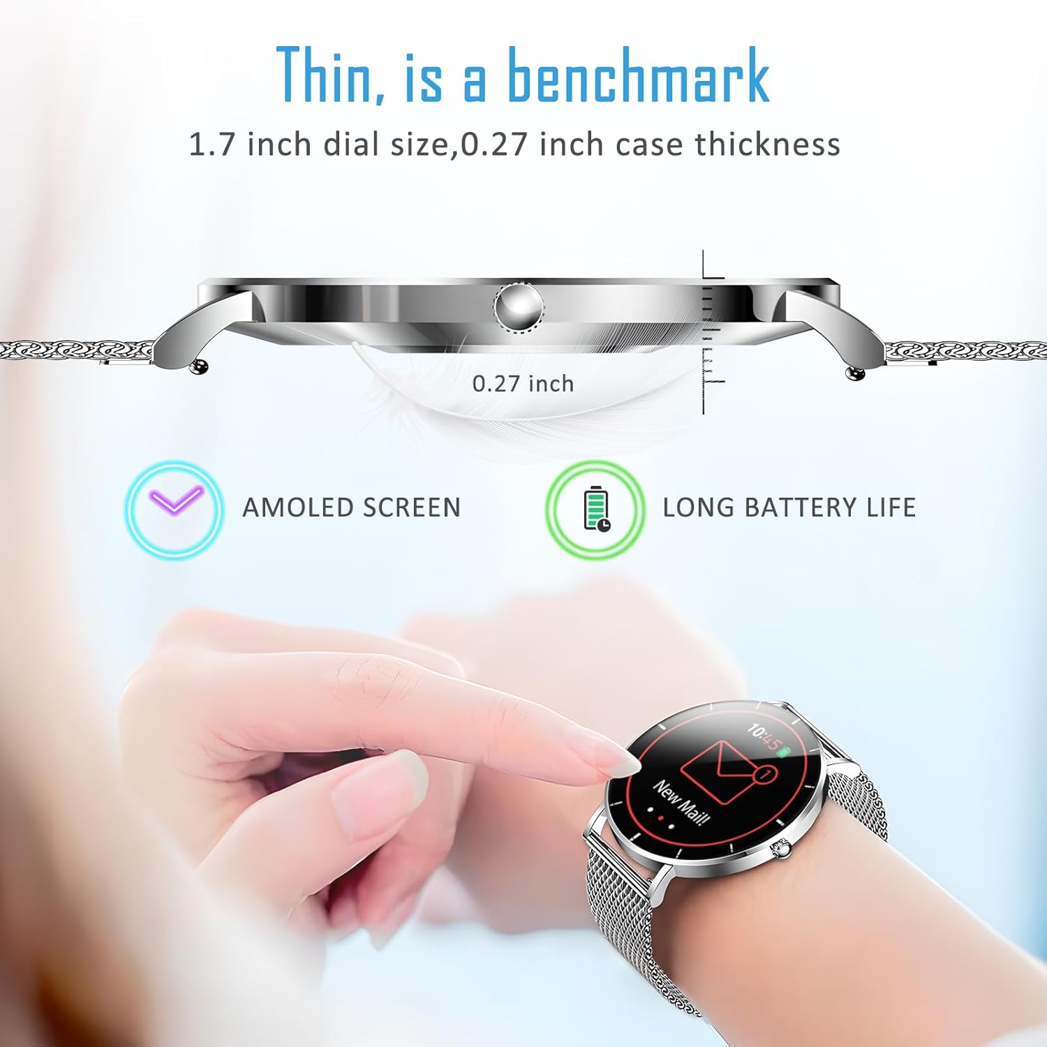 Smart Watch for Men and Women, 1.3 Inch Amoled HD Round Full Touch Screen Watch, Full Metal 6.8MM Ultra-Thin Case, Multiple Sports Modes, Compatible with Androidand iOS (Steel Silver)
