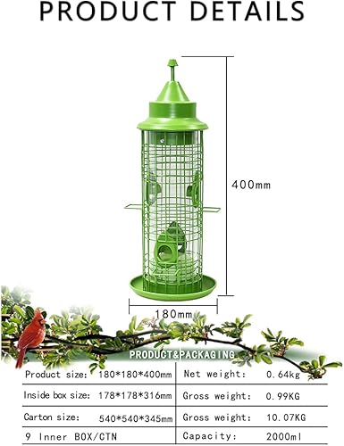 Miniatura 2 de OIMIWI Comederos para pájaros a prueba de ardillas para colgar al aire libre, alimentador de semillas de pájaros silvestres de metal con 4 puertos,