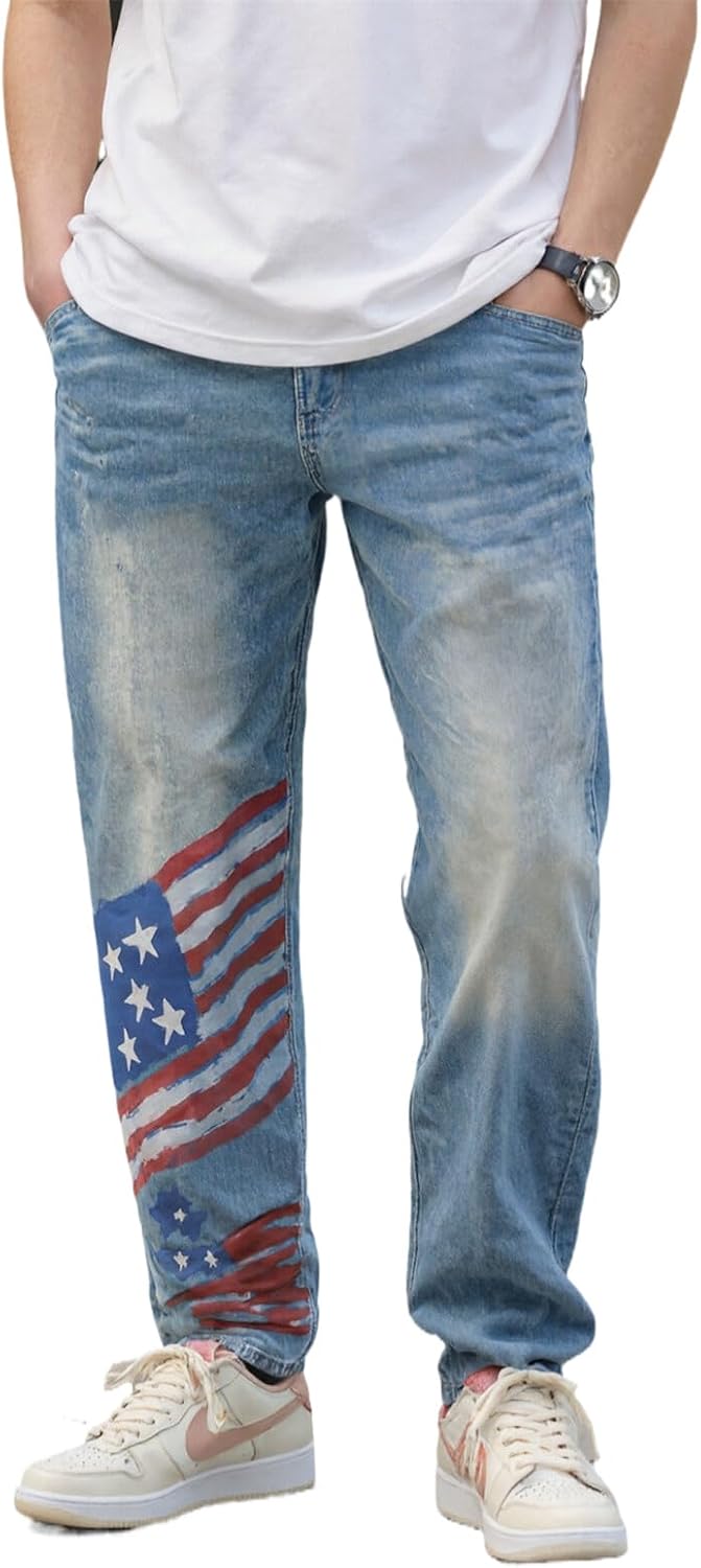 Men Washed Printed Straight Cotton Blend Biker Denim Jeans