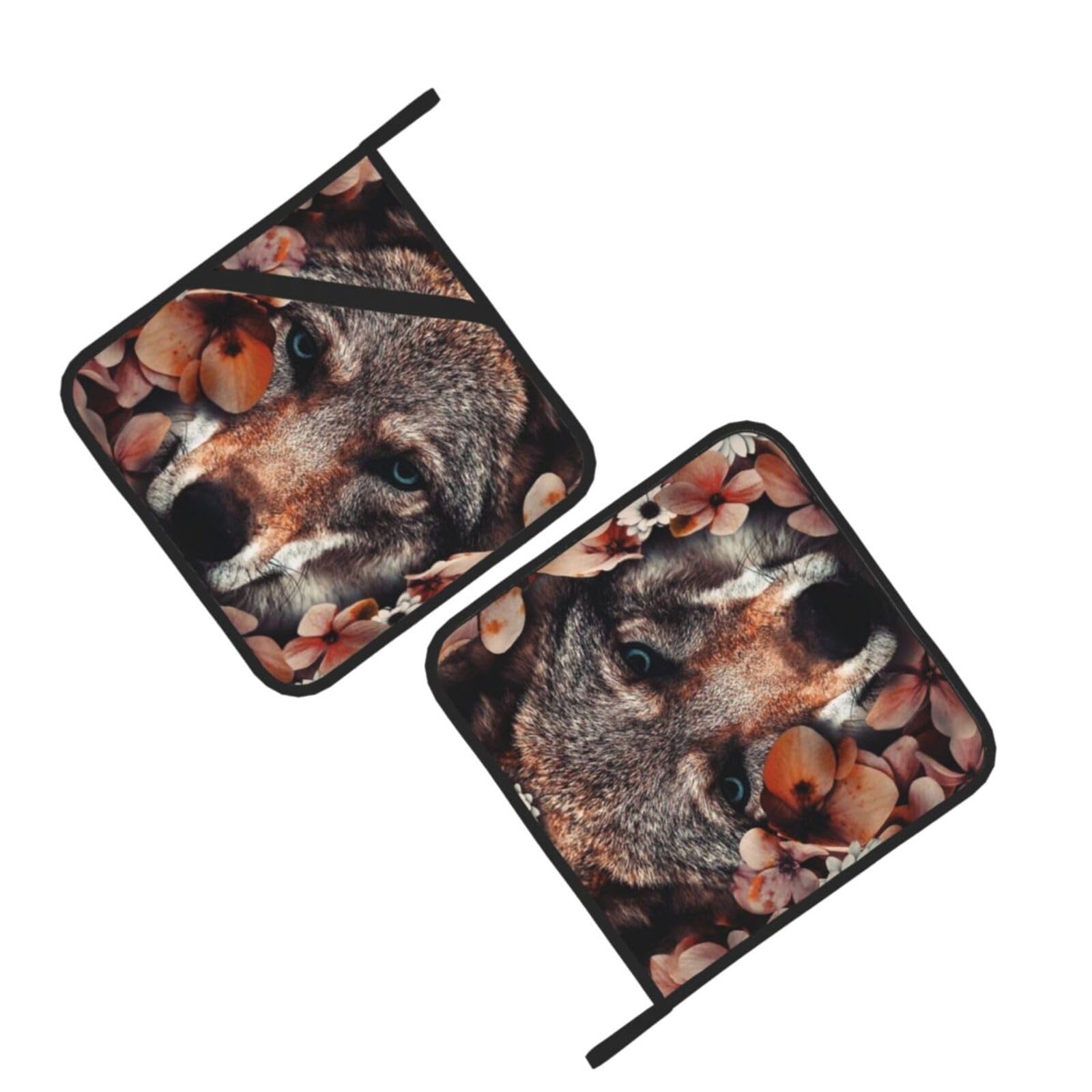 Wolf and leaves Printed Oven Pot Holders Set of 2 Pcs Heat Resistant Kitchen Microwave Potholders for Cooking Baking Grilling