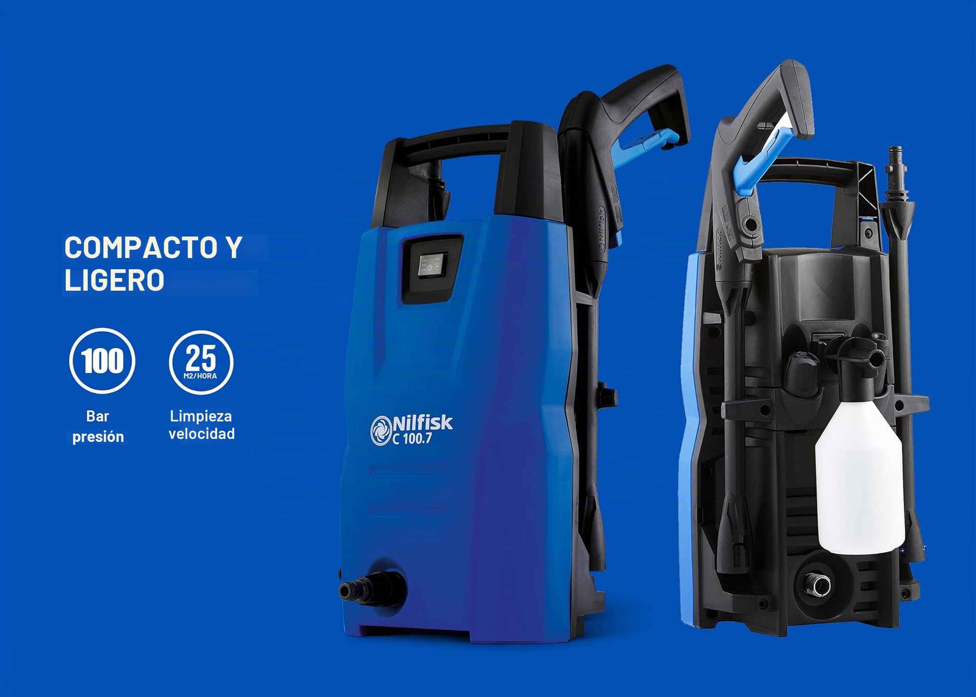 Nilfisk Hidrolimpiadora de Alta Presión C 100 Bares - Mini Limpiadora + Pulverizador de Espuma para Jardín, Patios y Coches (1400 W)