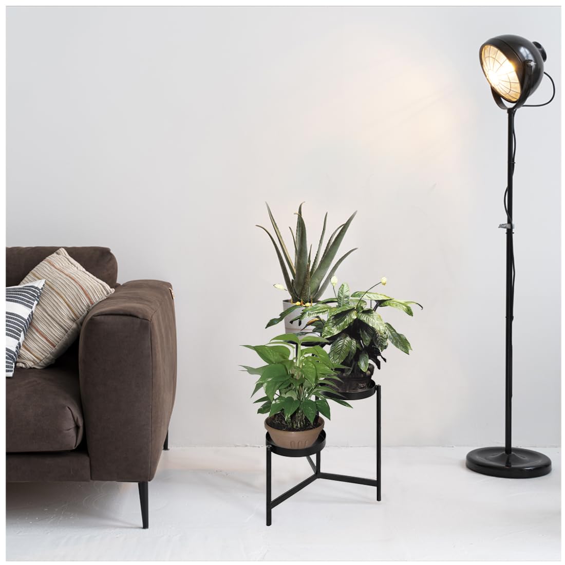 Acomoda Textil – Soporte para Plantas de Metal 3 niveles para Recibidor, Sala de Estar, Balcón y Terraza. Mueble para Macetas Negro para Interior y Exterior Decorativo y Resistente (36x32x58 cm)