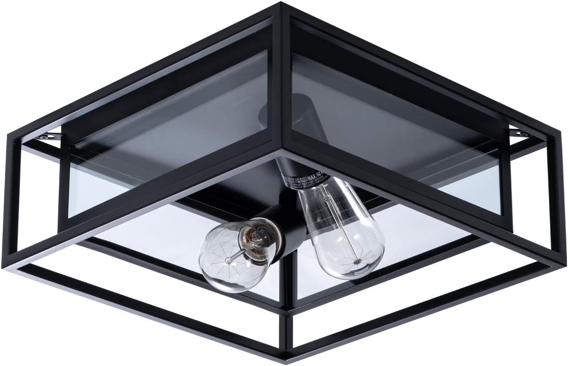 VILUXY Modern Black Flush Mount Ceiling Light Square Ceiling Lamp Fixture with Glass Shade for Hallway, Entryway, Passway, Dining Room, Bedroom,Kitchen, Living Room Two-Light
