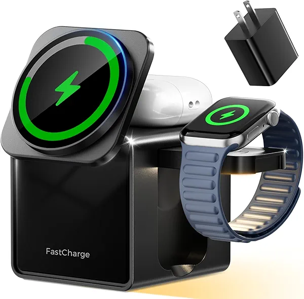 3 in 1 Charging Station for Apple, 15W Fast Magnetic Wireless Charger Station with Night Light, Travel Accessory Mag-Safe Stand for iPhone 17 16 15 14 13 12 - Apple Watch - AirPods(Adapter Included)