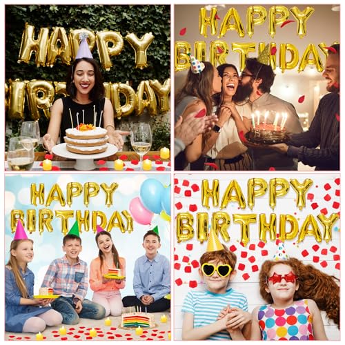 Image of Red and Gold Happy Birthday Balloons Decorations Happy Birthday Letter Balloons Banner with 24pcs Flameless LED Candles and 2000pcs Artificial Rose Petals for Women Men Room Party Decorr