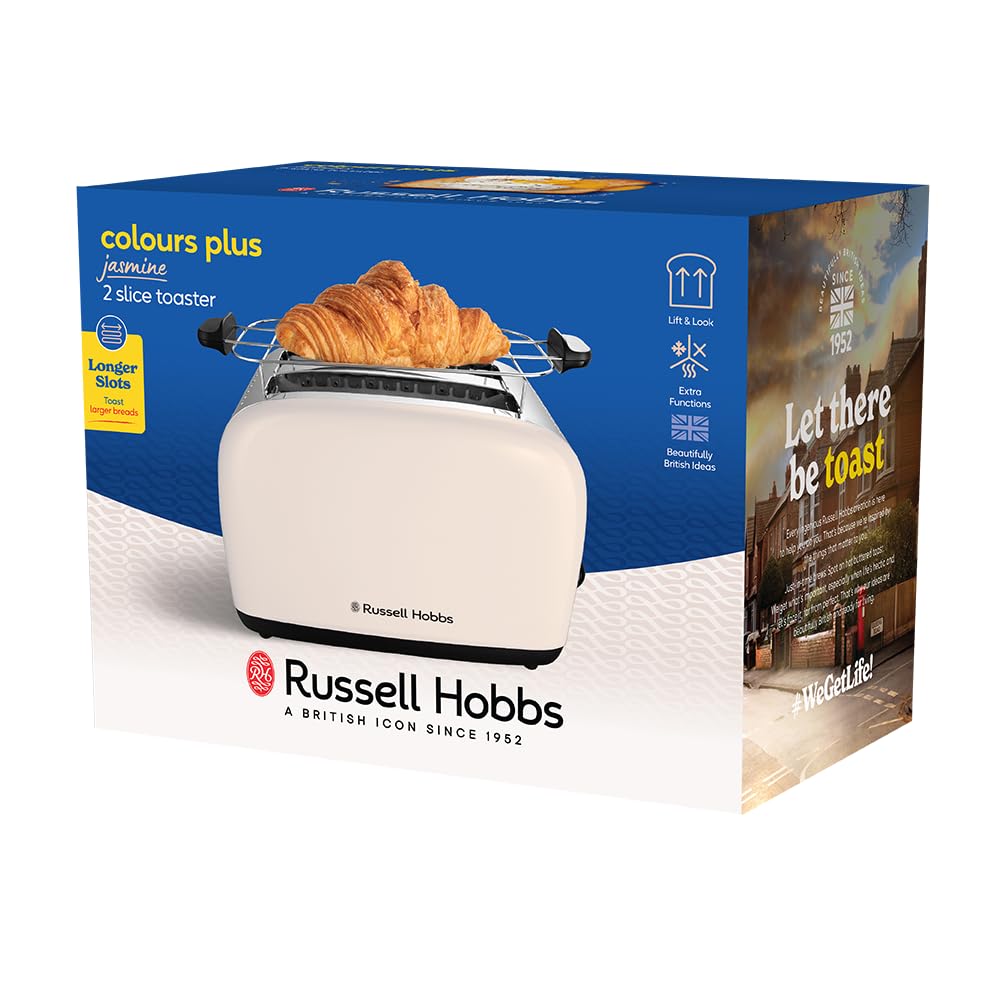Russell Hobbs Grille pain [pour 2 tranches] Colours Plus Jasmin (6 réglages, fentes longues, dorage rapide, surélévation, décongélation, réchauffage, support petits pains,arrêt auto, 1600 W) 26930-56