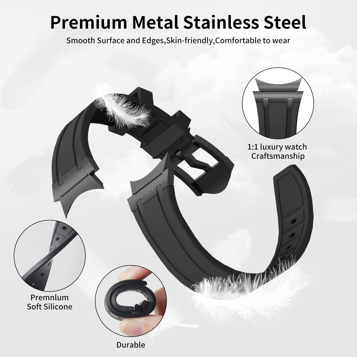 Luxury One Click Attachment Silicone Band Compatible with Samsung Galaxy Watch 6/5/4 44mm 40mm, Watch 6/4 Classic 47mm 43mm 46mm 42mm, 5 Pro 45mm No Gap Stainless Steel Replacement Wristband