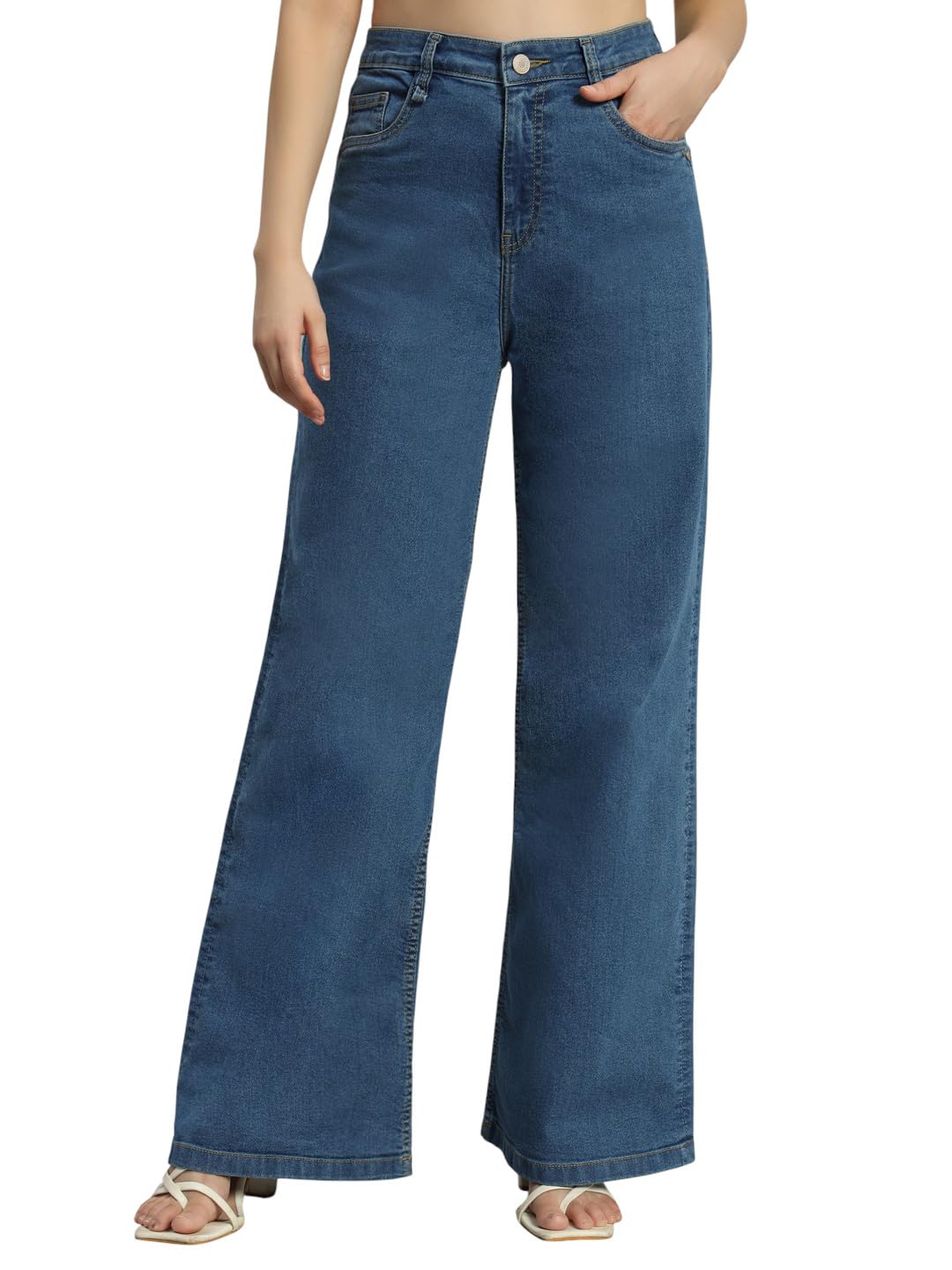 Women High Rise Wide Leg Full Length Cotton Poly Lycra Jeans