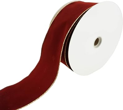Homeford Christmas Velvet Wired Edge Ribbon, Burgundy/Gold, 4-Inch, 50-Yard
