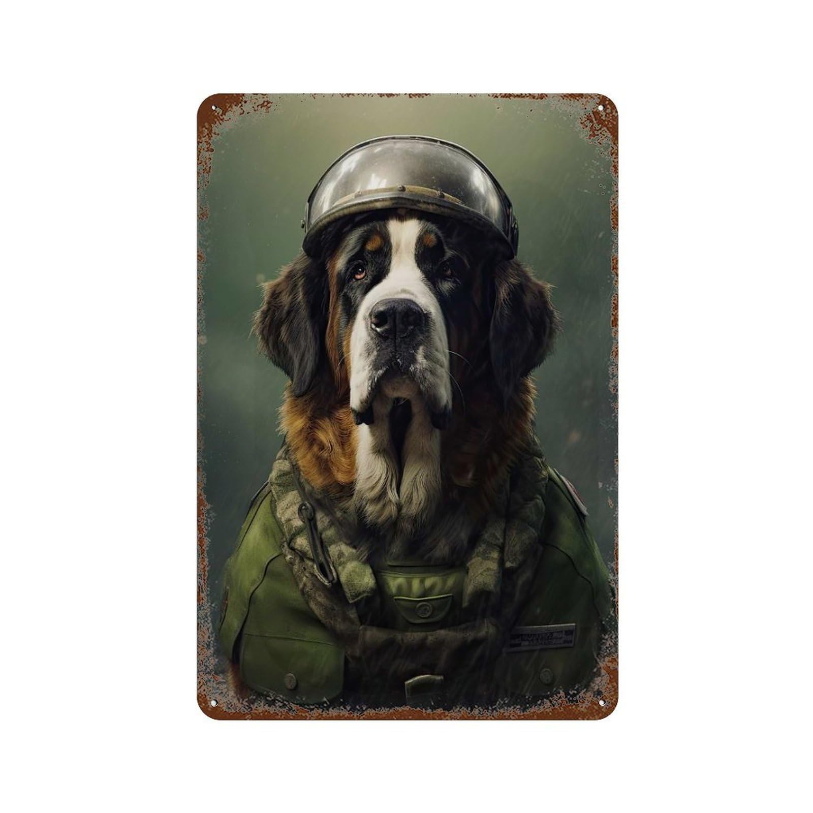 Weathered Tin Sign with Saint Bernard Soldier Design 11.8"x7.9", for Shed, Workshop And Garage Wall Decor, Decorative Metal Wall Art
