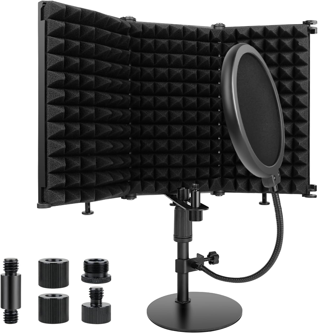 Microphone Isolation Shield, 3 Panels Sound Proof Mic Shield with Mic Stand and Pop Filter, High Density Absorbent Foam Mic Isolation Shield for Recording