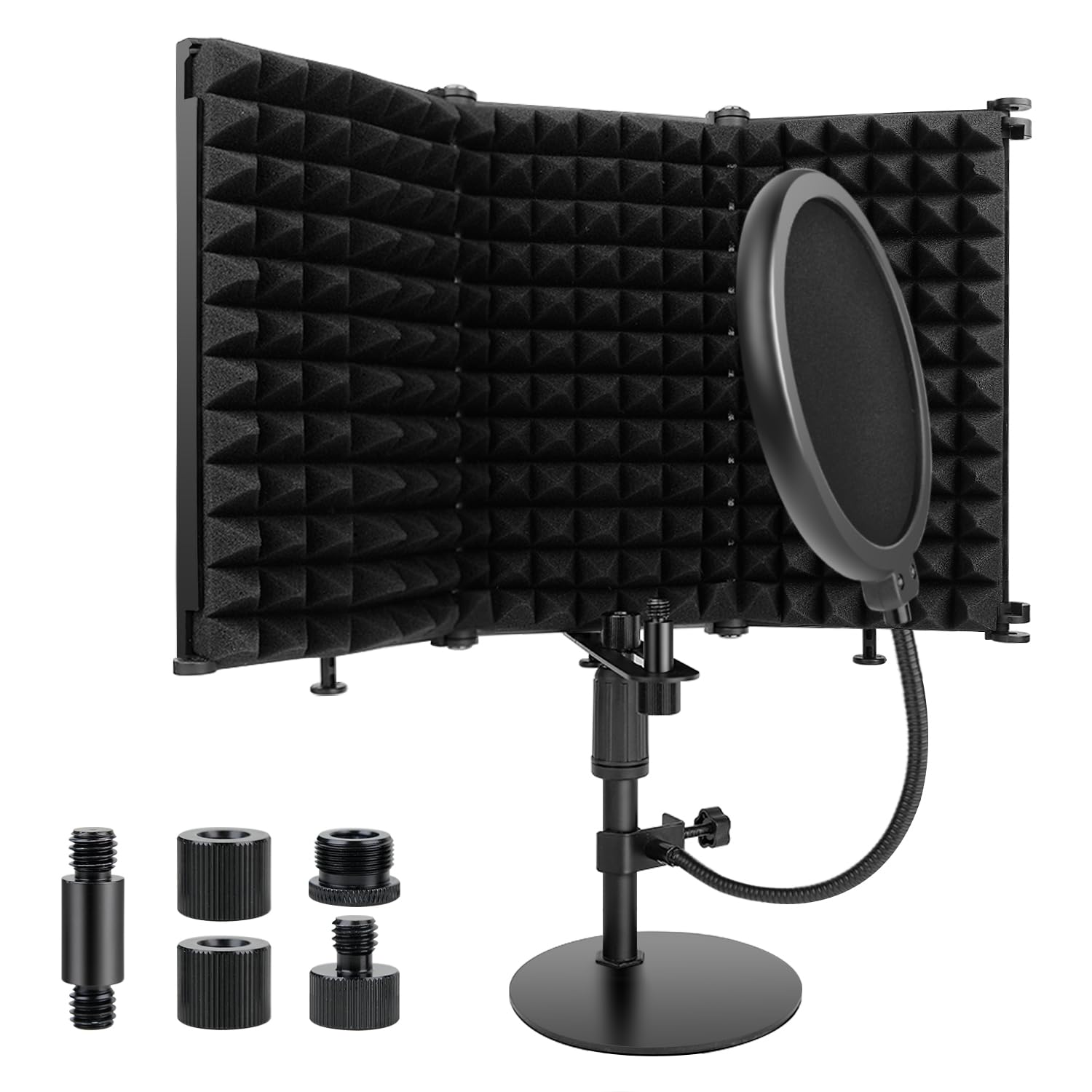 Rigych Microphone Isolation Shield, 3 Panels Sound Proof Mic Shield with Mic Stand and Pop Filter, High Density Absorbent Foam Mic Isolation Shield for Recording