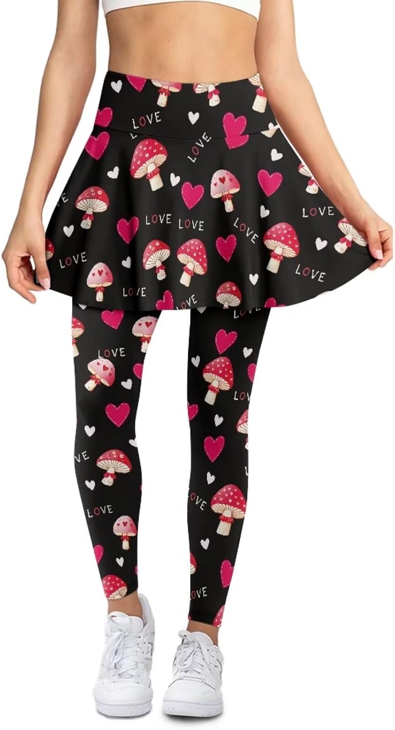 Valentines Day Women Tennis Skirted Legging Pleated Golf Skort Pant Athletic Skirt with Legging, XS-3XL