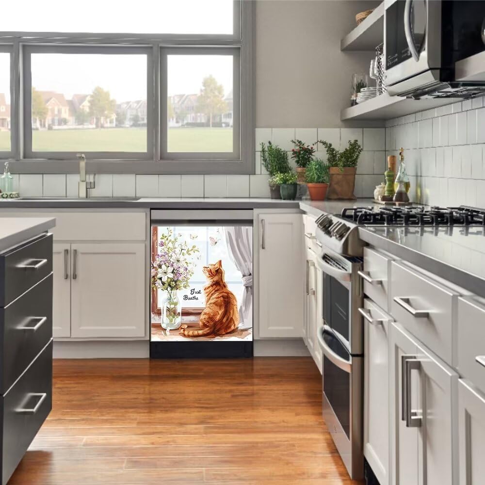 Window Cat Flower Wallpaper Dishwasher Magnet Cover Panel Sticker Decorative Magnetic Refrigerator Cover Sticker for The Washers,Cabinets,Dryer Front Door 23W x 26H inchs