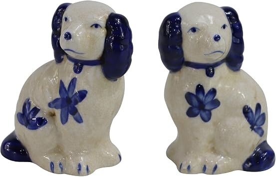 Handpainted Unique Blue and White Floral Miniature Porcelain Pair of Cute Sitting Dogs Figurines Ornaments Collectibles Home Decor Nice Gifts Idea -3.5" H