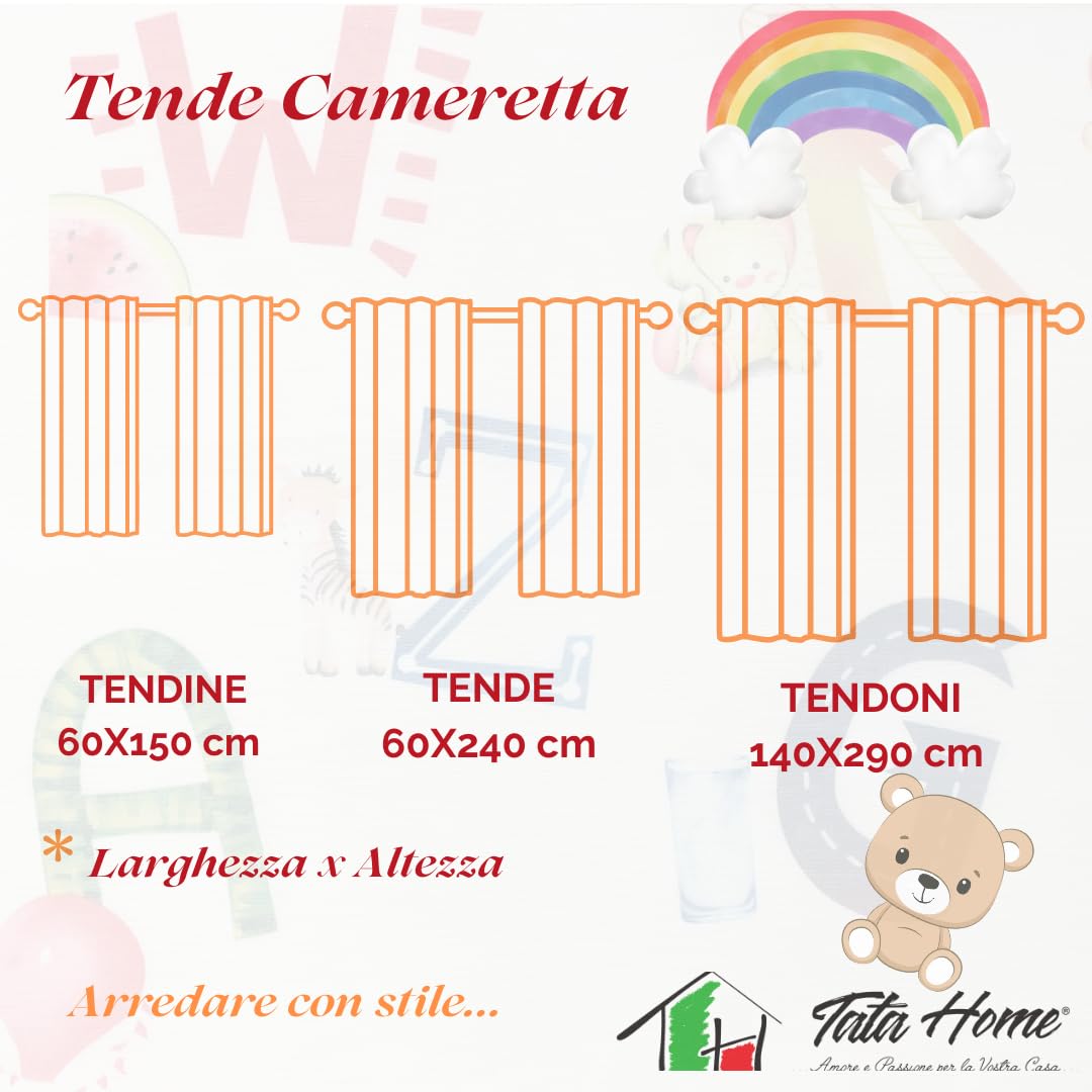 Tata Home Tende Bambini Cameretta 60x150 cm Bianche con Lettere Arcobaleno Semitrasparenti Mod. GiorgiaB3