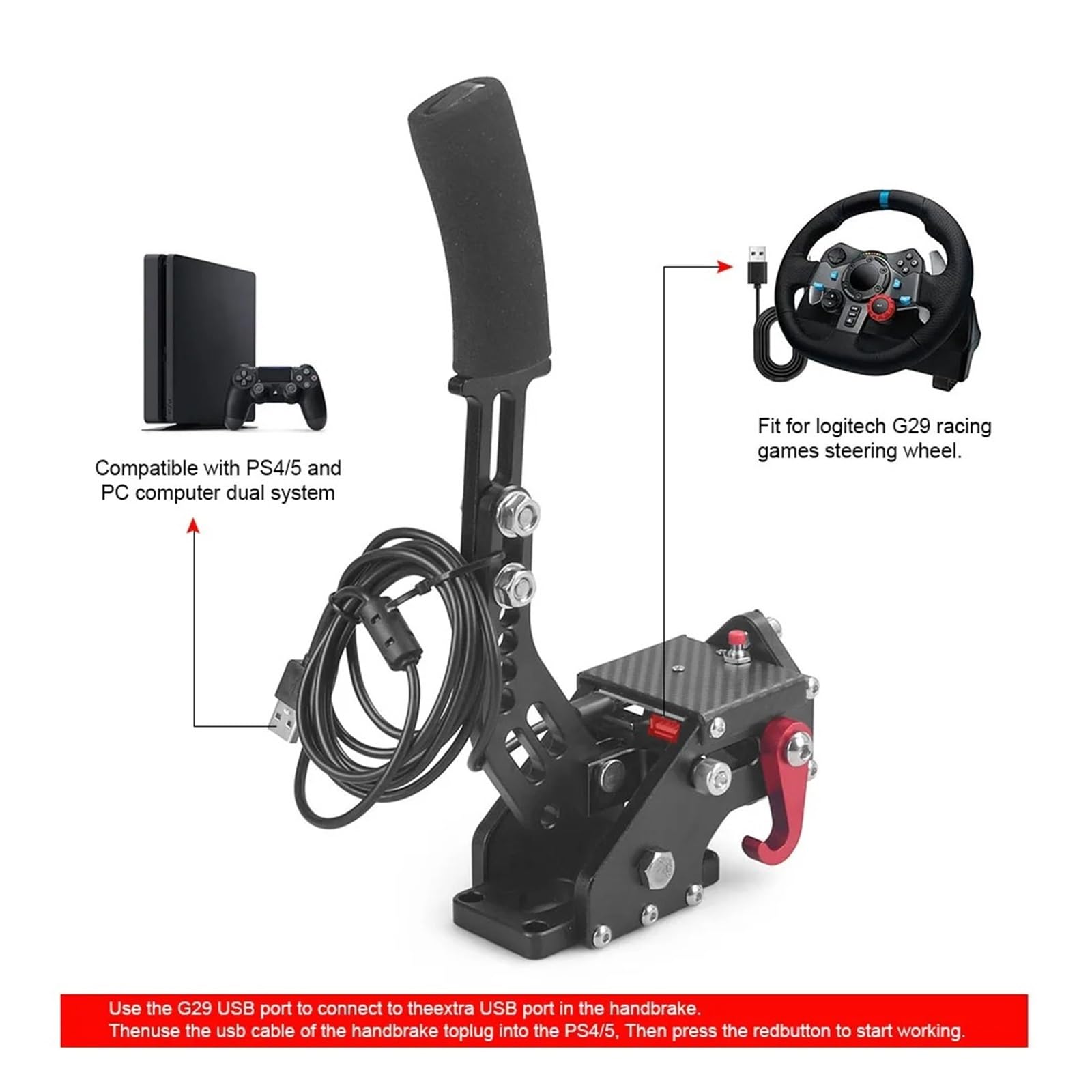 Freno De Mano USB SIM Para PS4/PS5 Para Logitech G29, Freno De Mano Universal Para Juegos De Carreras De PC Actuador Freno Estacionamiento(Rojo)