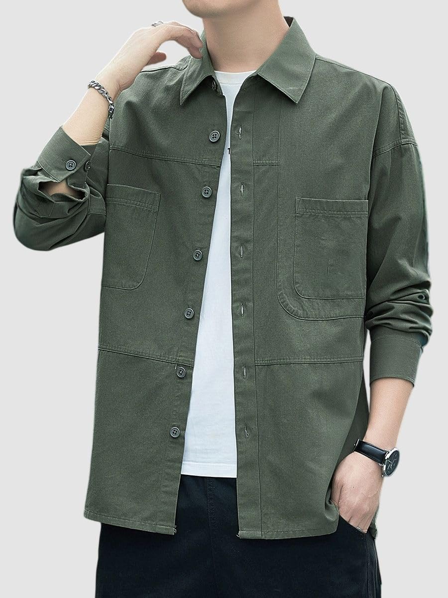 Camicia da lavoro da uomo in stile vintage, a maniche lunghe, leggera, vestibilità comoda per l'uso quotidiano