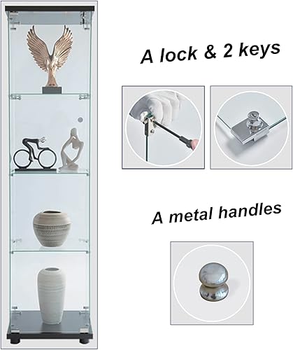 Miniatura 129 de Vitrina de cristal con 4 estantes con tira de luces LED y cerradura, vitrina de vitrina con ruedas y 1 puerta, vitrina de vidrio templado para sala