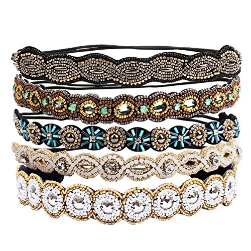 Headbands Kicosy Headbands for Women 5 Pieces Bohemian Rhinestone Headbands Hair Ties Elastic Hair Scrunchies Hair Bobbles Handmade Crystal Beaded for Women Lady