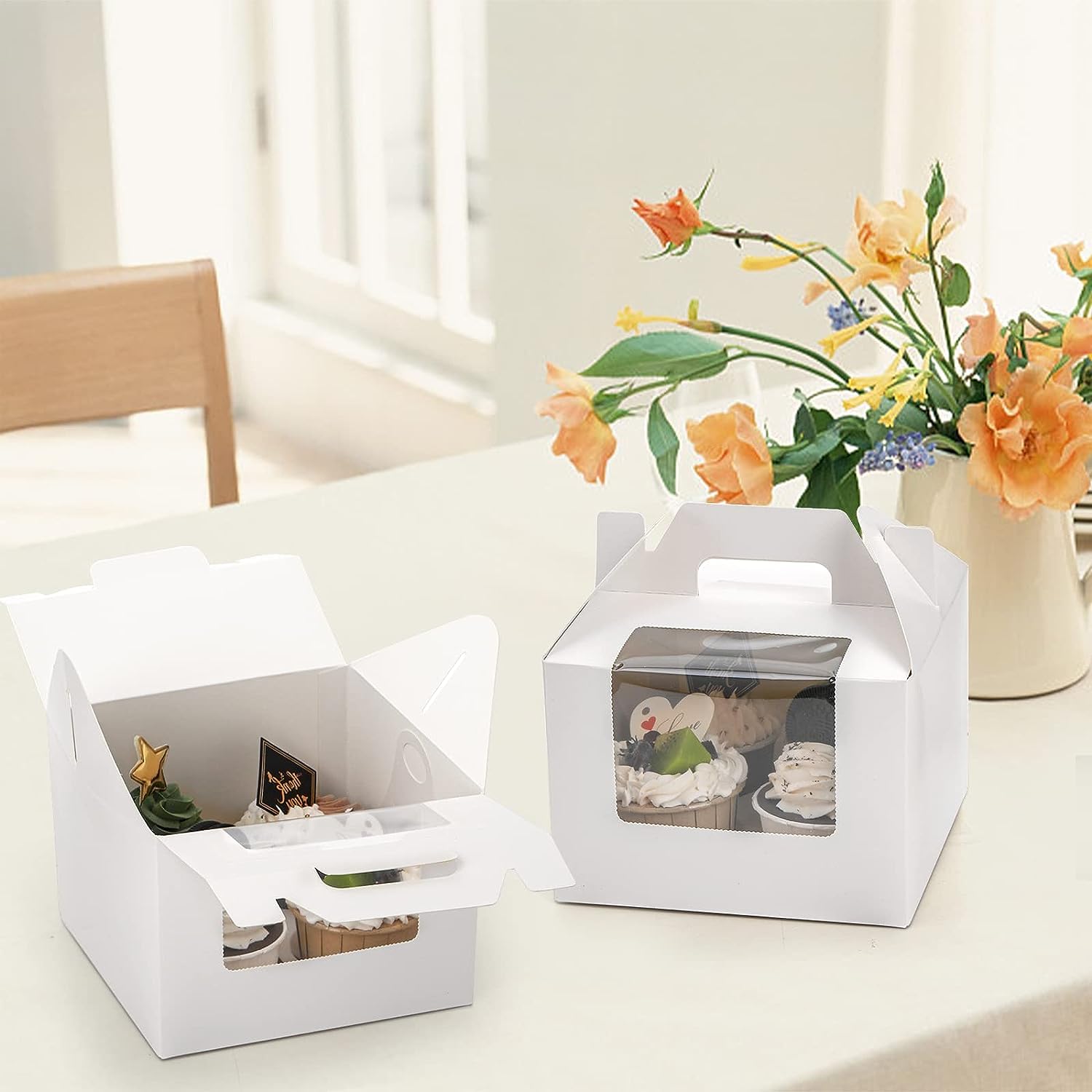 Selecto Bake 3 Scatole Per Cupcake Con Finestra | Contenitori In Carta Kraft 15x15x15 Cm, 4 Scomparti, Con 40 Inserti E Manici - 2