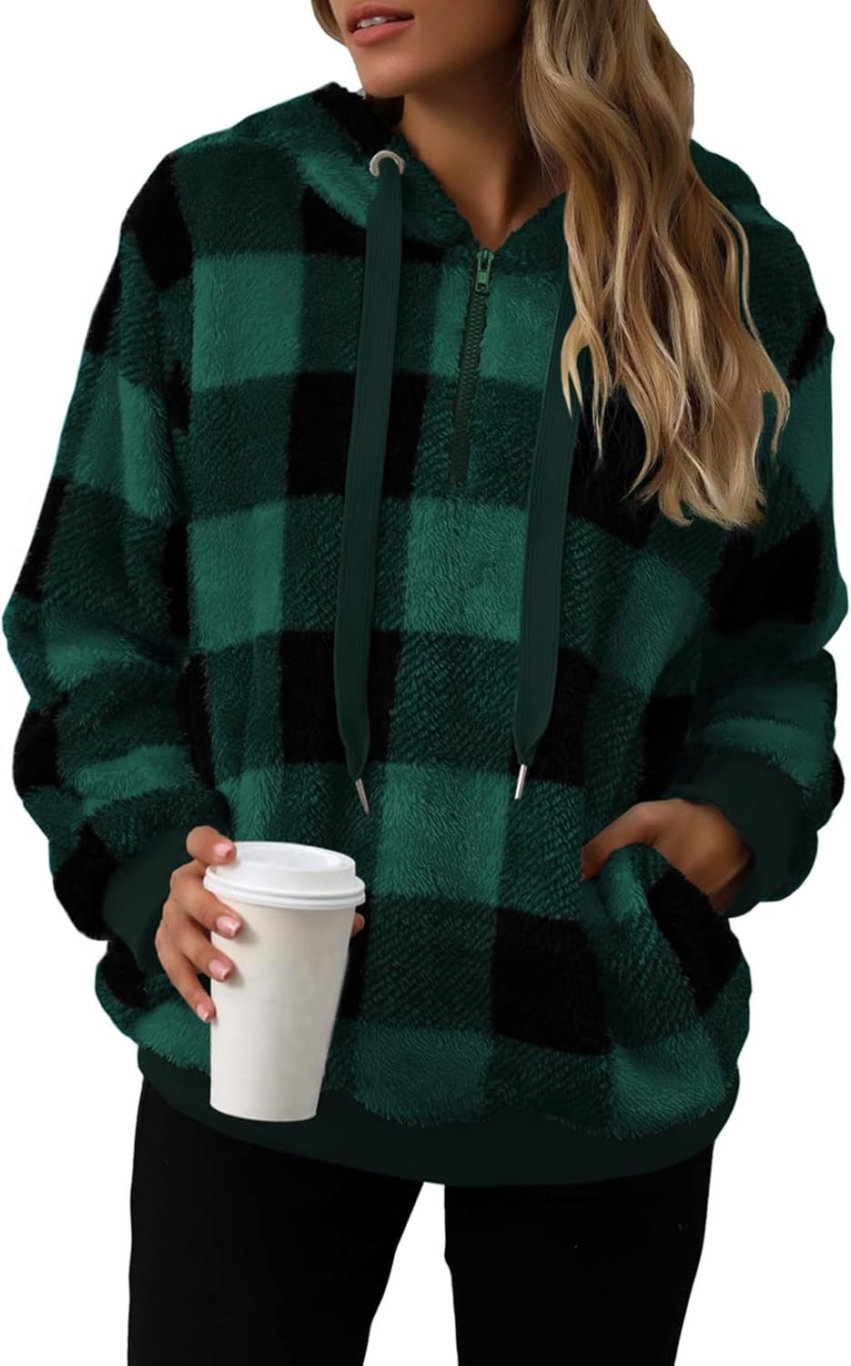 Nirovien Womens Sherpa Pullover Oversized Fuzzy Hoodie Double Fleece Sweatshirts Fluffy Plaid Outerwear Warm Coats - Image 2