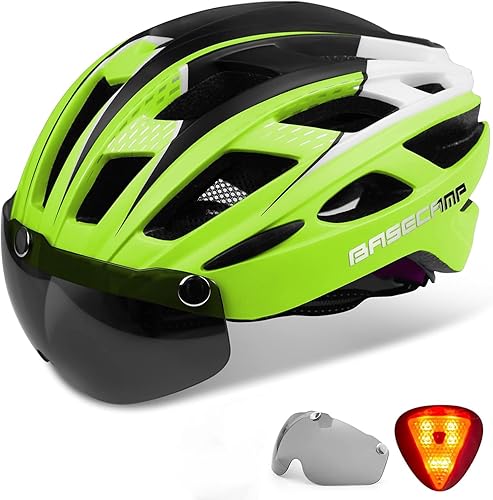 Basecamp Casco de bicicleta CiclismoEscalada con gafas magnéticas desmontables Visor y Luz led trasera y mochila portátil ajustable para hombres