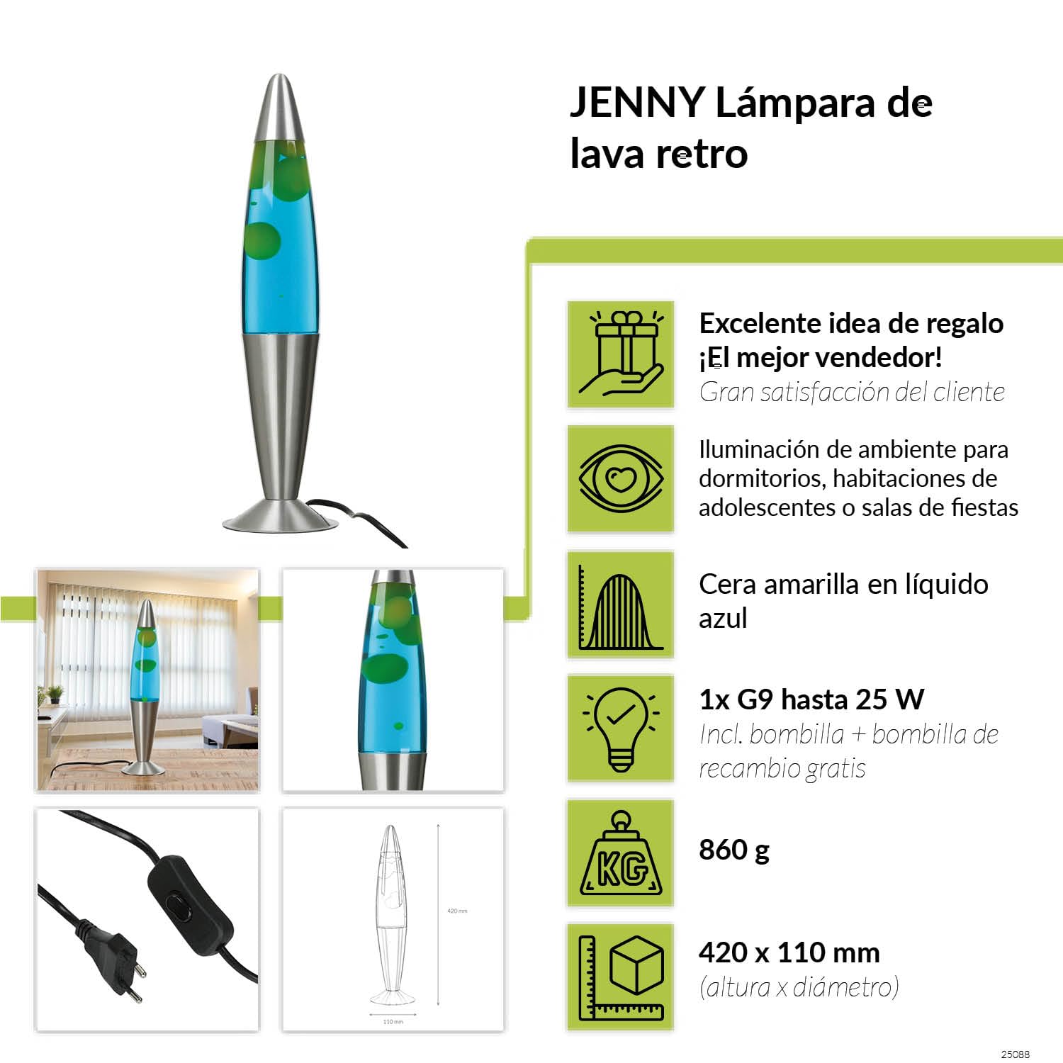 Licht-Erlebnisse Lámpara de lava azul amarillo, plata, lámpara de lava, lámpara de ambiente, sala de estar, 42 cm de altura, G9, bombilla incluida, relajante, calmante, moderna lámpara de lava JENNY