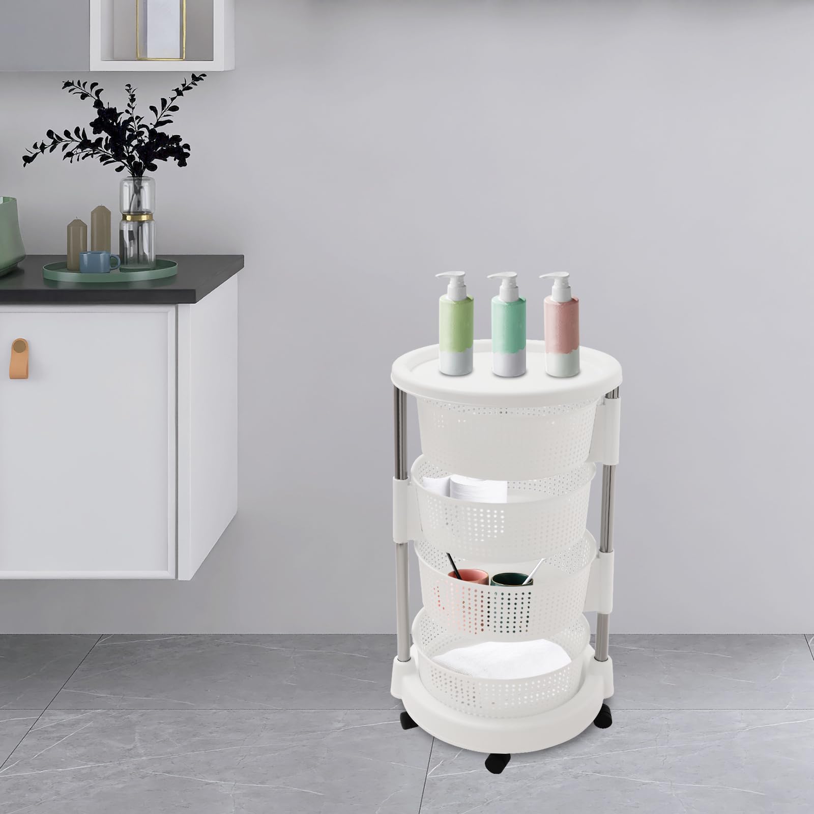 Carrello da cucina mobile a 4 livelli, cestino girevole a 360°, 5 ruote per mobilità, per cucina e campeggio, con cesti a rete incassati