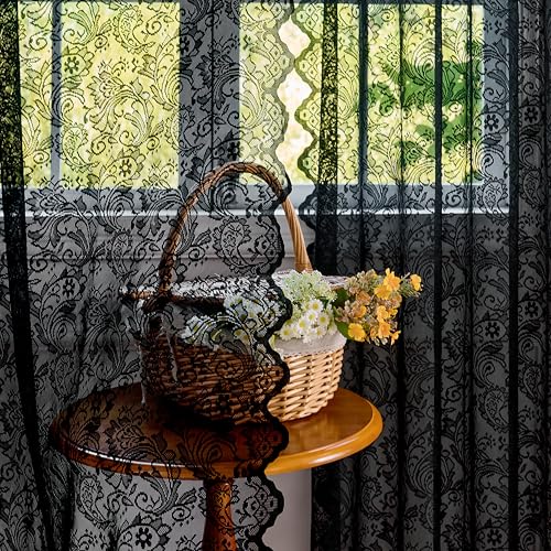 Draphelle 2 Panels Vintage Lace Curtains Black 54x84 inches(2 Panels) Romantic Semi Sheer Floral Lacy Curtains for Living Room Elegant Window Drapes for Bedroom