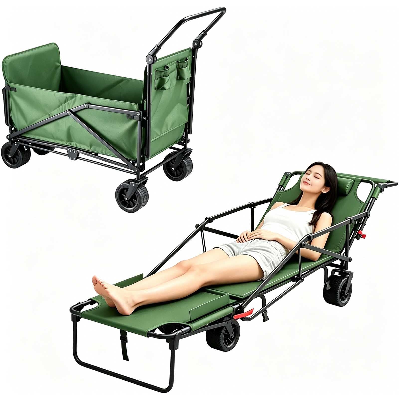 Carrello pieghevole con ruote grandi, carrello da campeggio pieghevole per sport all'aria aperta, spiaggia e shopping, design con apertura posteriore, doppio freno anteriore per arresto sicuro