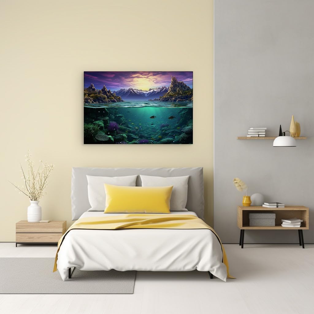 Canvas for Living room. Underwater Wonders Meet Mountain Majesty in a Dreamlike Artistic Realm, 27 x 18 inch Canvas Wall Art - Beach Sunsets And Sunrises - Modern Home Decor - 69x46 cm (27x18 inch)