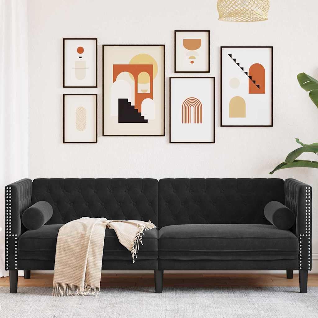 Sofá Negro 194 cm de Terciopelo Suave con Estructura Ergonómica de Tres Plazas