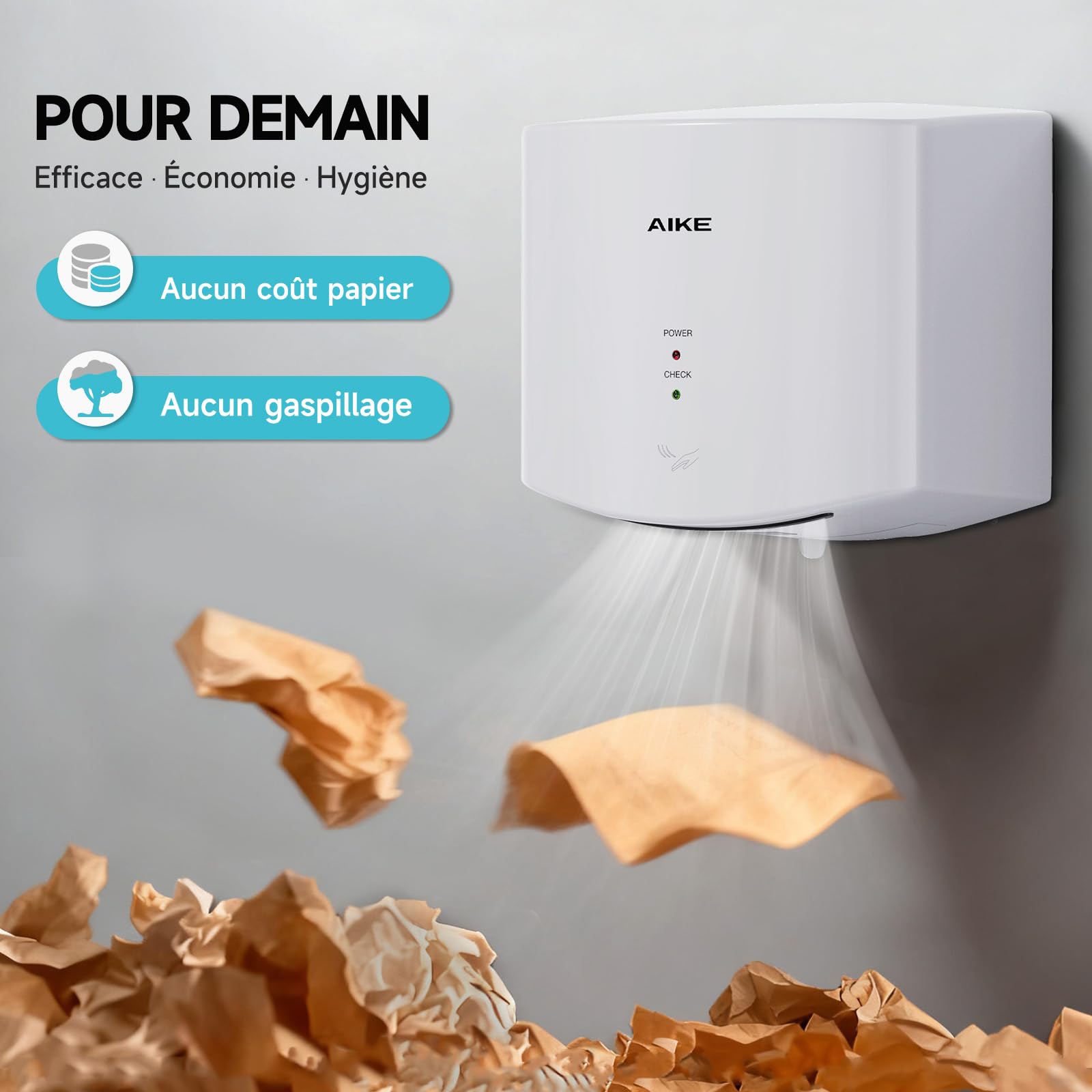 AIKE Air Wiper Sèche-Mains Compact, Séchage Rapide, 1400W 220V, Branchez & Utilisez, sans Papier & sans Contact pour Sanitaires Publics, AK2630S (Blanc)