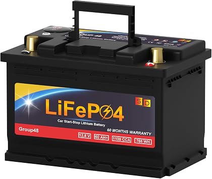 Lithium Start-Stop Car Battery GROUP 48, 12.8V 60Ah 1100CCA LiFePO4 Automotive Battery For Car, With LED Display and Emergency Start Button