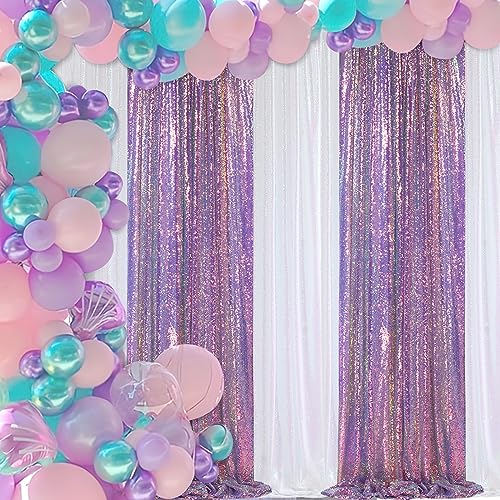 Image of Mermaid Purple Sequin Backdrop Curtain 2 Pieces 2ftx8ft Sparkly Stage Backdrop Drapes for Christmas Party Decoration Birthday Party Cake Table Background
