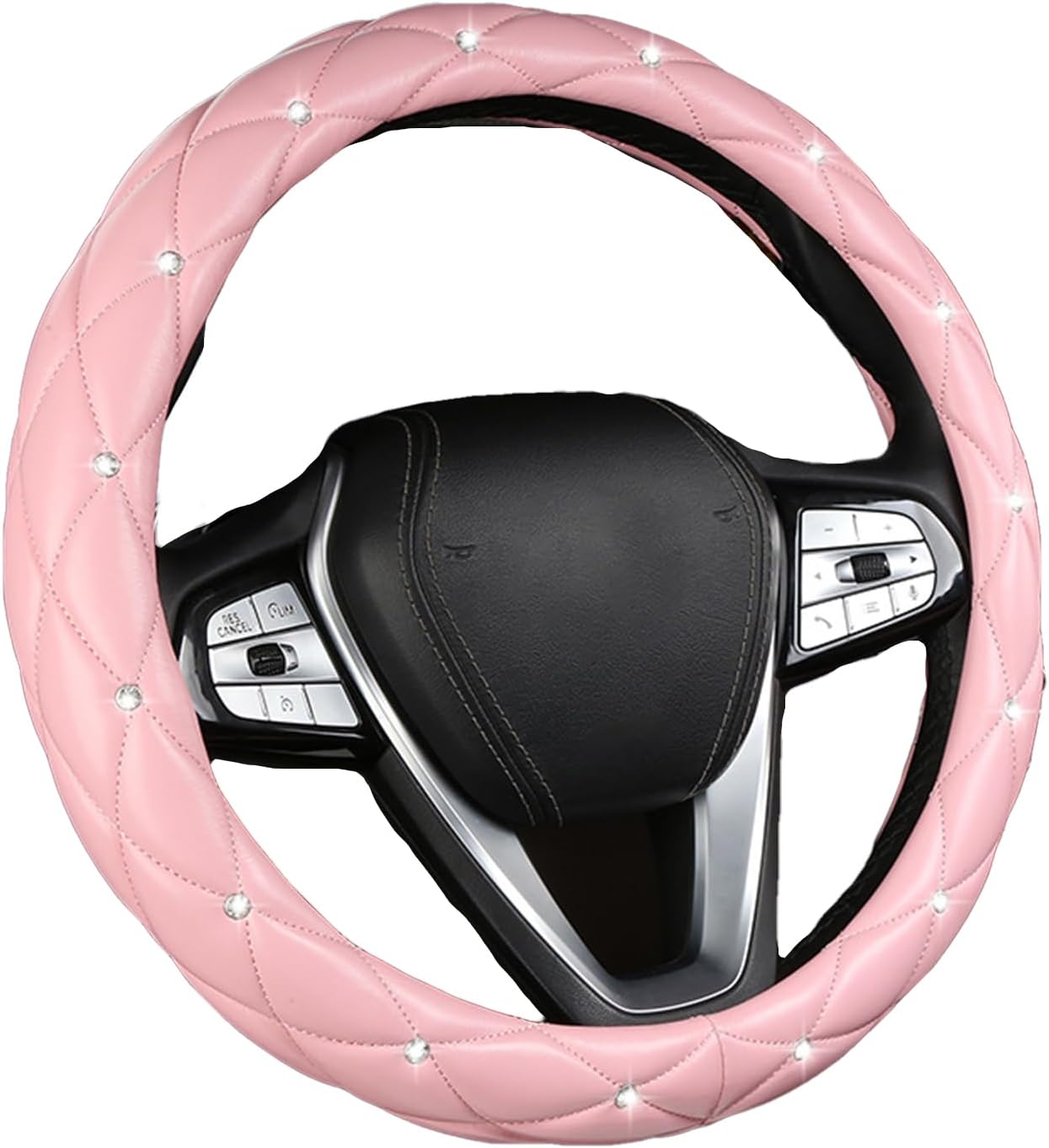 Diamond Steering Wheel Cover with Crystal Rhinestones for Car Interior Accessories Anti-Slip Faux Leather Auto Universal Fit 15 Inch (Pink)