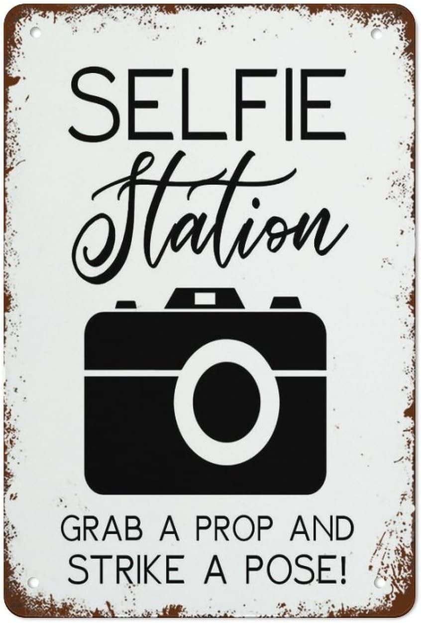Yunking Style-1498 Selfie Station Grab A Prop Strike A Pose Event Sign Camera Sign Vintage Tin Signs Home Kitchen Decorations Wall Decor Metal Poster For Room 8X12 Inch