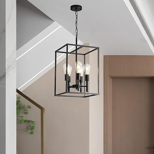 Miniatura 2 de Candelabro clásico negro para vestíbulo, 5 luces, estilo granja, lámpara colgante de techo con pantallas de jaula cuadrada, accesorios para cocina,