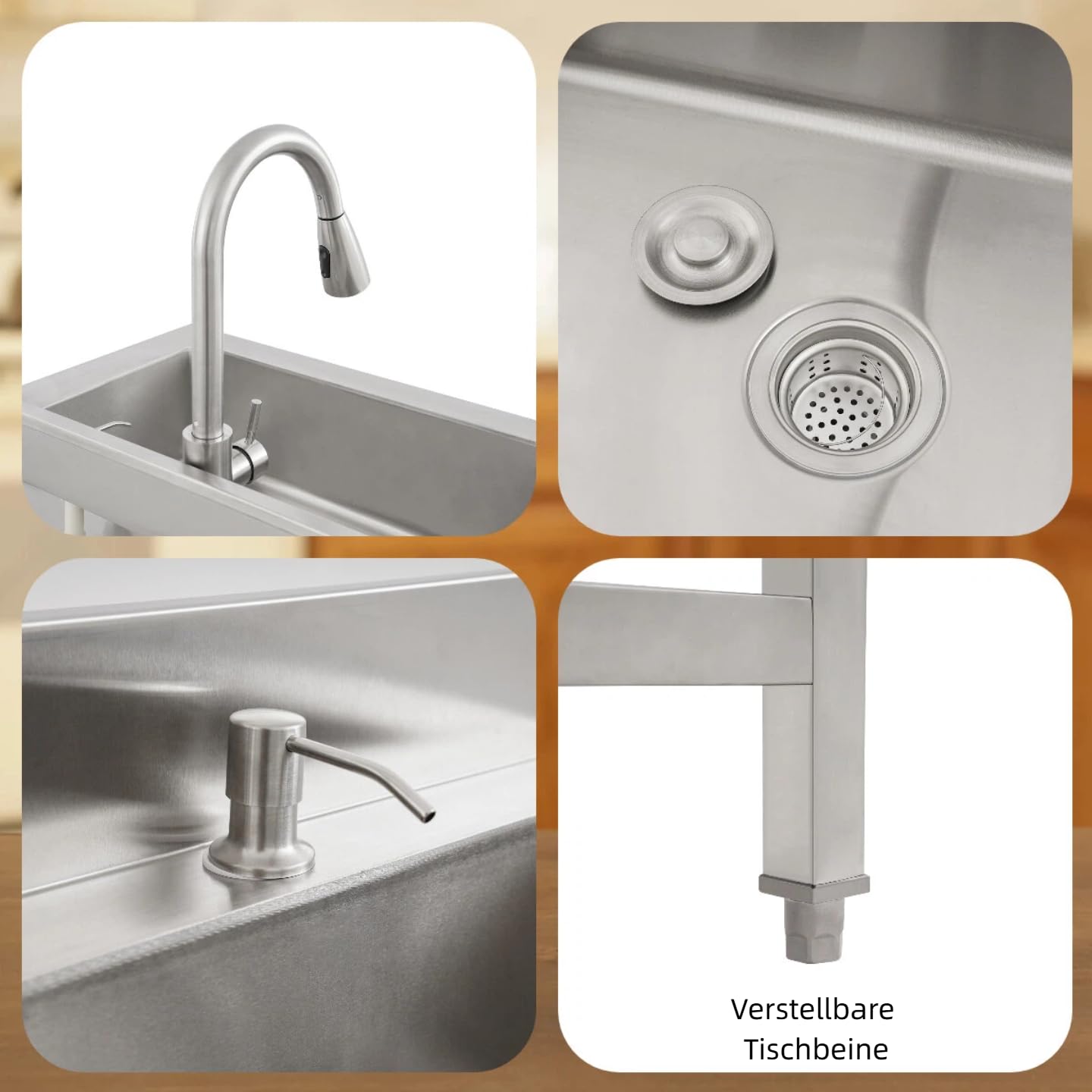 Lavabo indipendente in acciaio inox, grande lavello singolo con scolapiatti e rubinetto estraibile, per cucina commerciale (90 x 60 x 80 cm, argento)