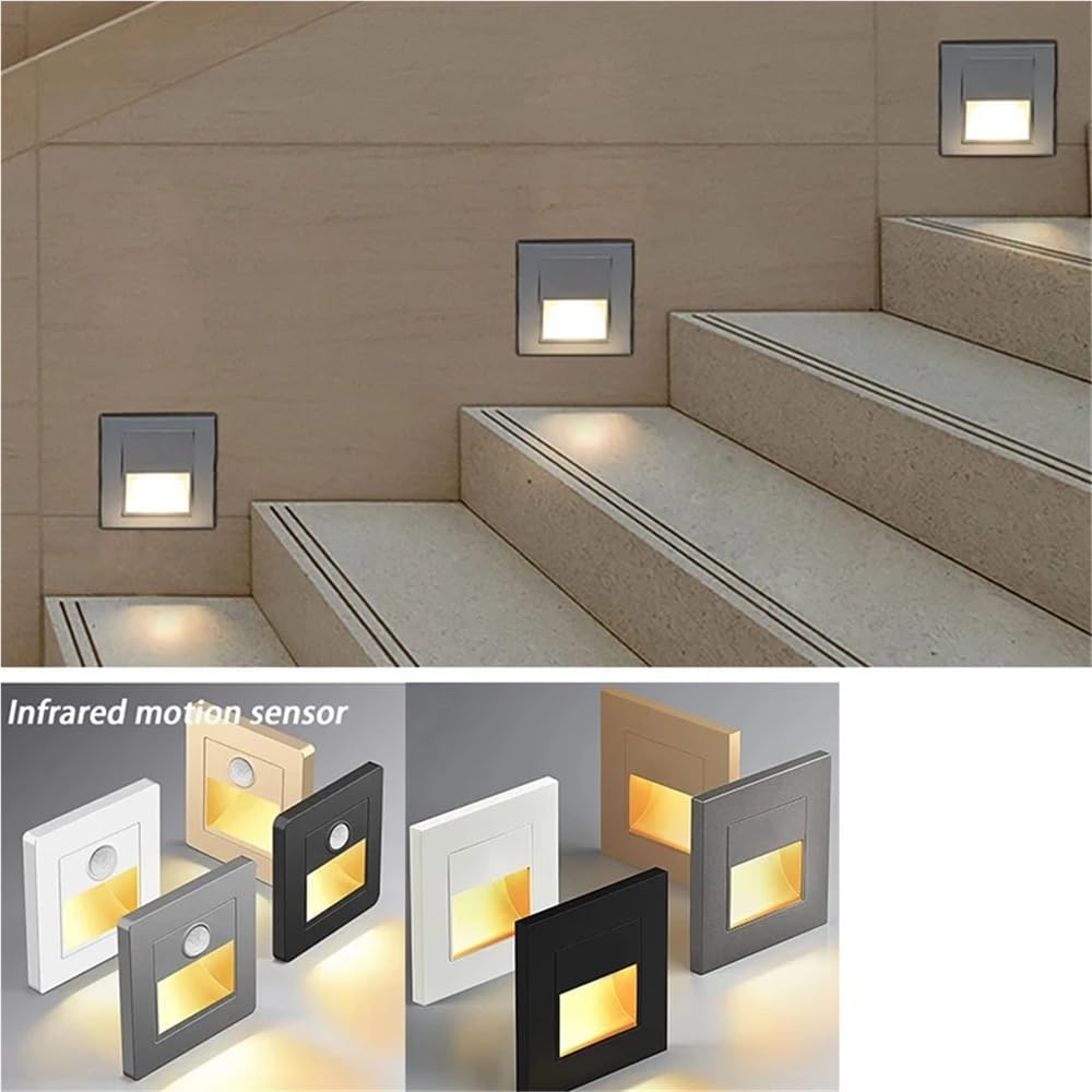 PIR Motion Detector Light Sensor Led Lights AC 110V-240V Recessed Staircase Bedroom Wall Lamp Led Night Light(Black Sensor)